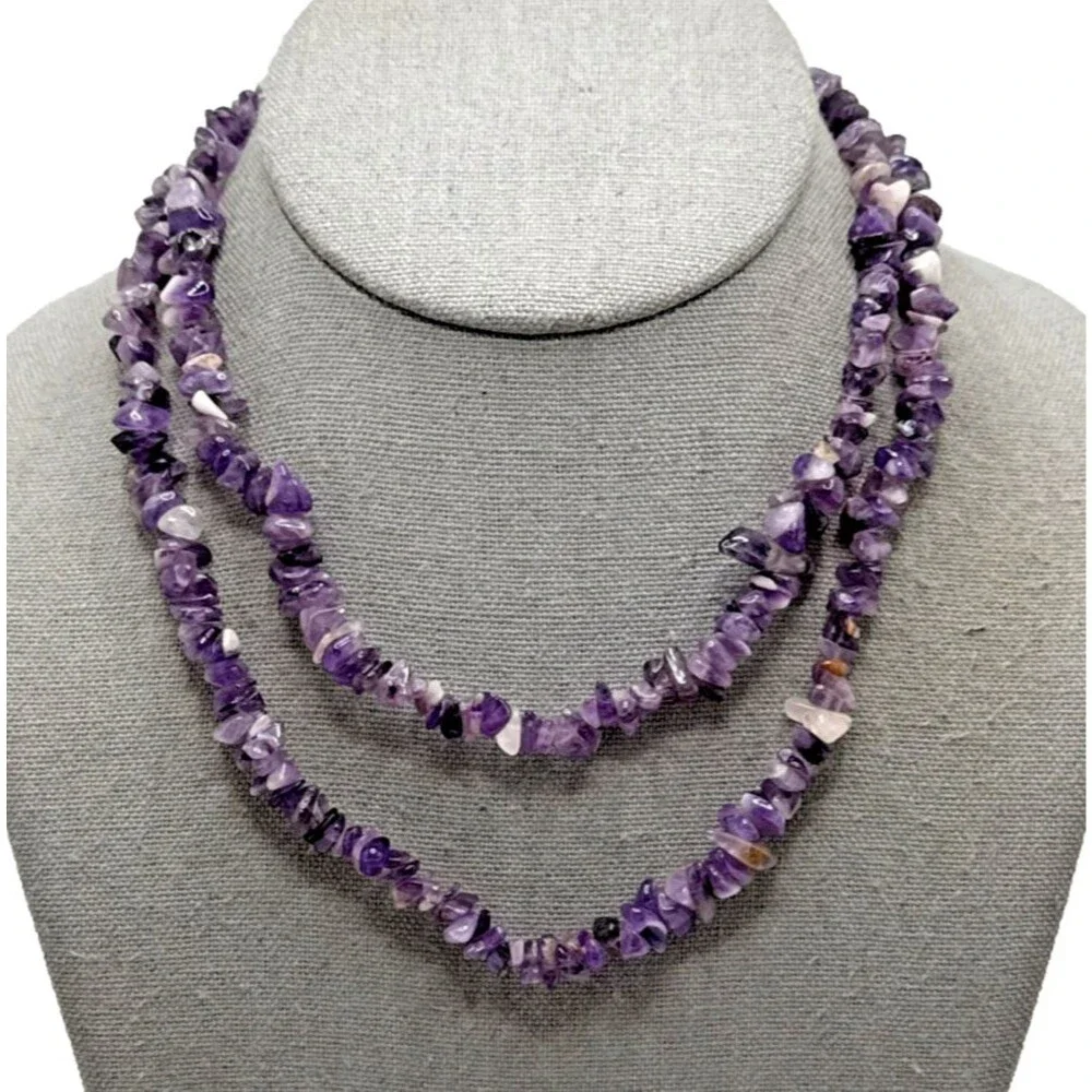 Vintage Amethyst Chip Necklace Long Strand Stone Boho Energy Protection Calming